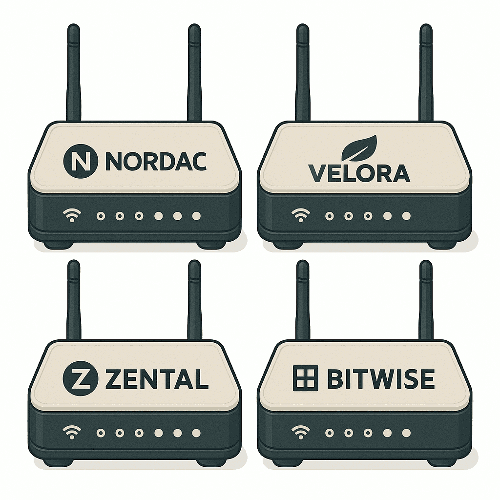 Illustration of four branded routers